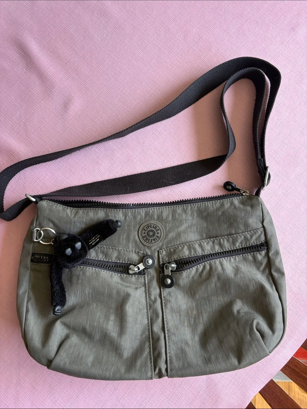 Kipling Moss Green Crossbody Messenger Bag with Black Strap